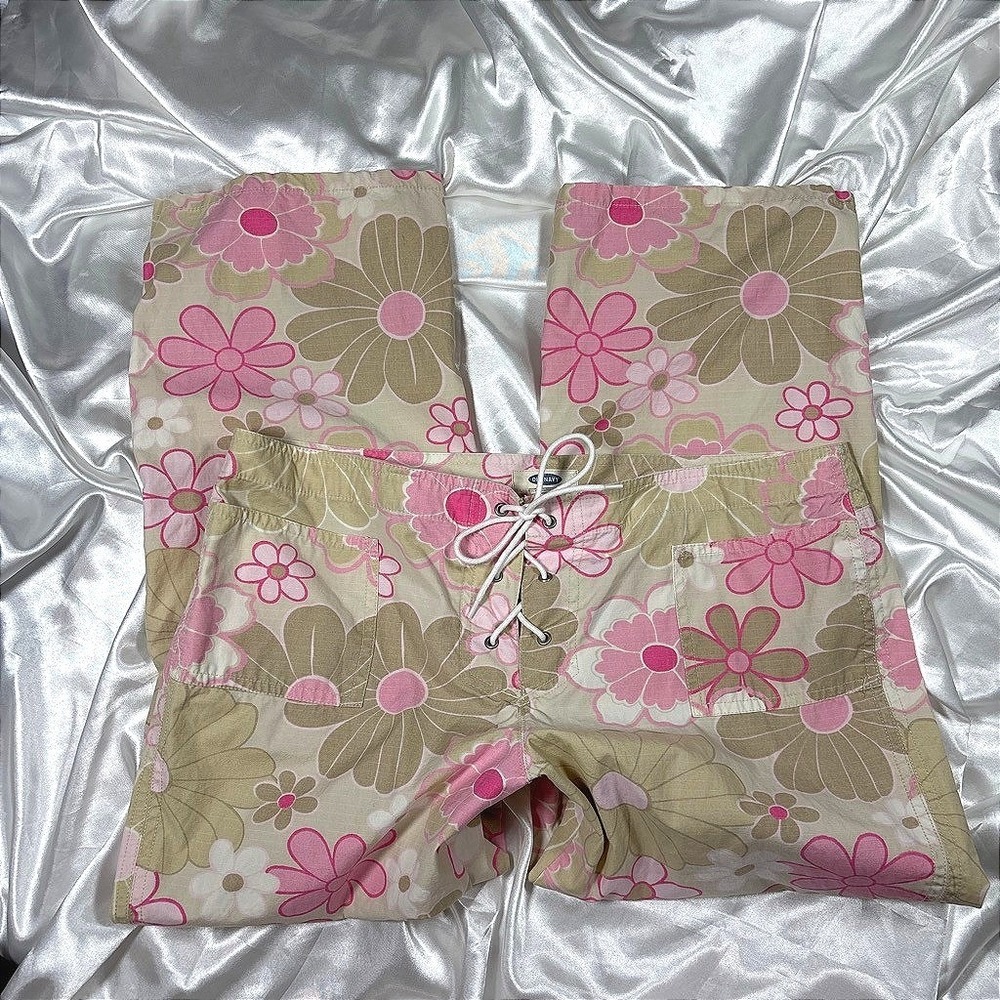 y2k Old Navy Floral Pants Pink Lace Up Front Cotton Ripstop Retro 12
